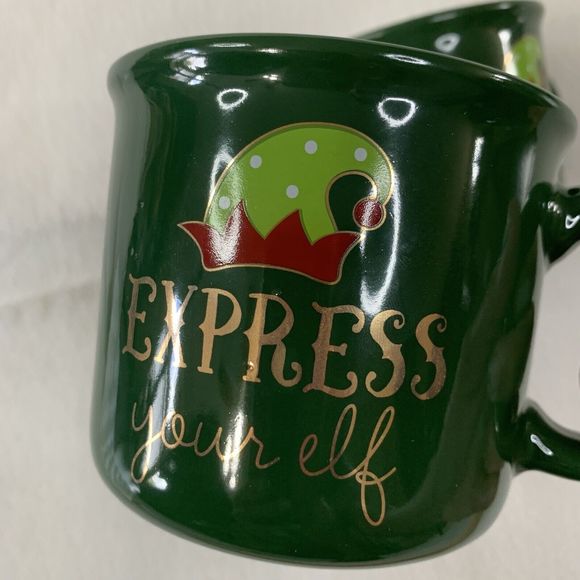 Express Your Elf Mug Green Ceramic Coffee Tea Cocoa Large 2 Pc Set Santa Helper - Picture 4 of 13